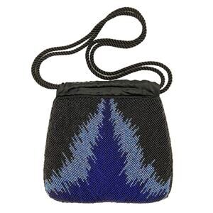 Micheline Burke Beaded Shoulder Mini Drawstring Bag Black Blue Evening Purse VTG